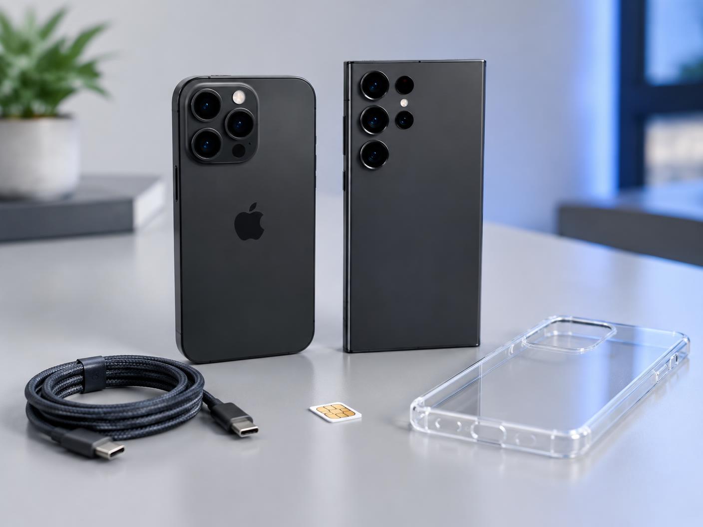 iPhone and Samsung Galaxy phones with a SIM card, charging cable and clear case on a counter