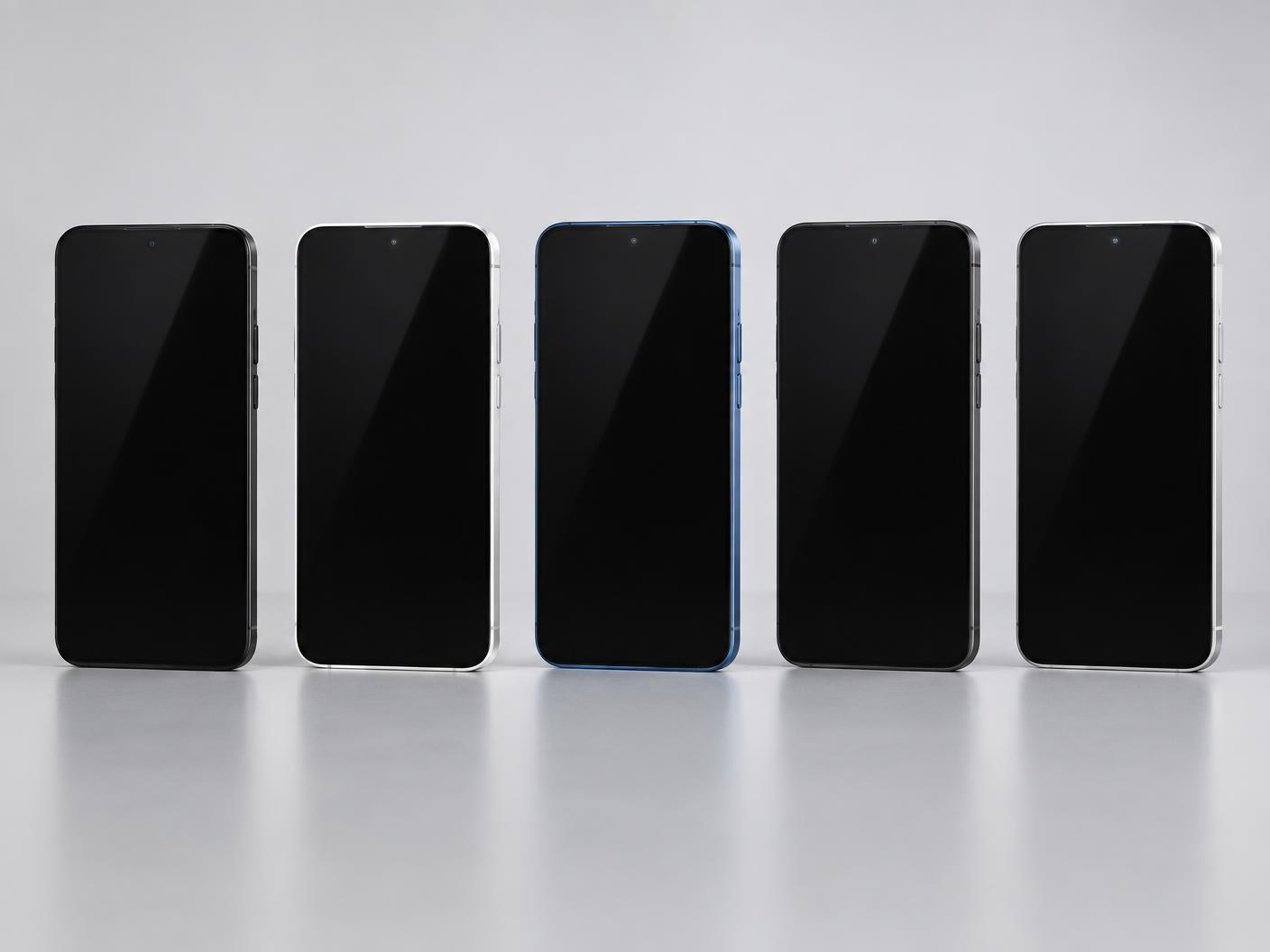 A lineup of modern smartphones in different colors
