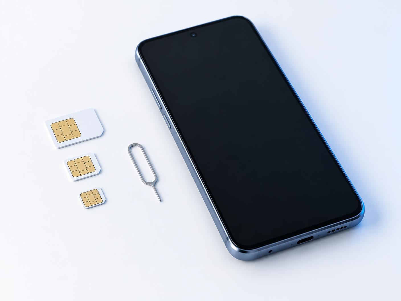SIM cards and an ejector tool next to a smartphone